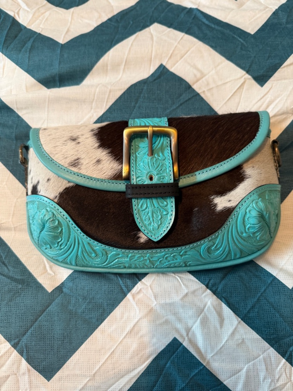 Turquoise Tooled Leather & Cowhide Crossbody Bag